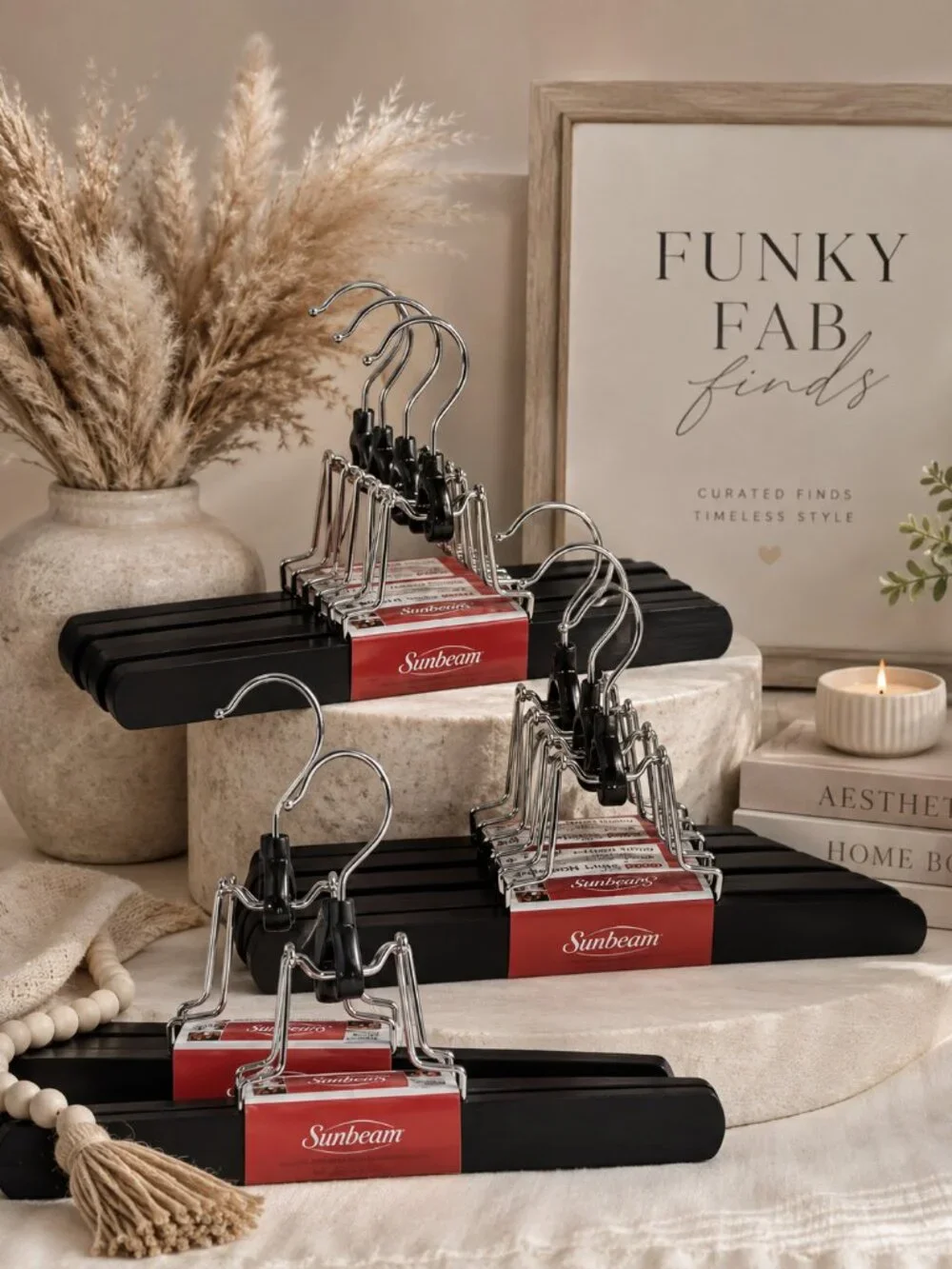 Sunbeam Black Wooden Skirt Pants Hangers Set of 9 Heavy Duty Chrome Swivel Hook